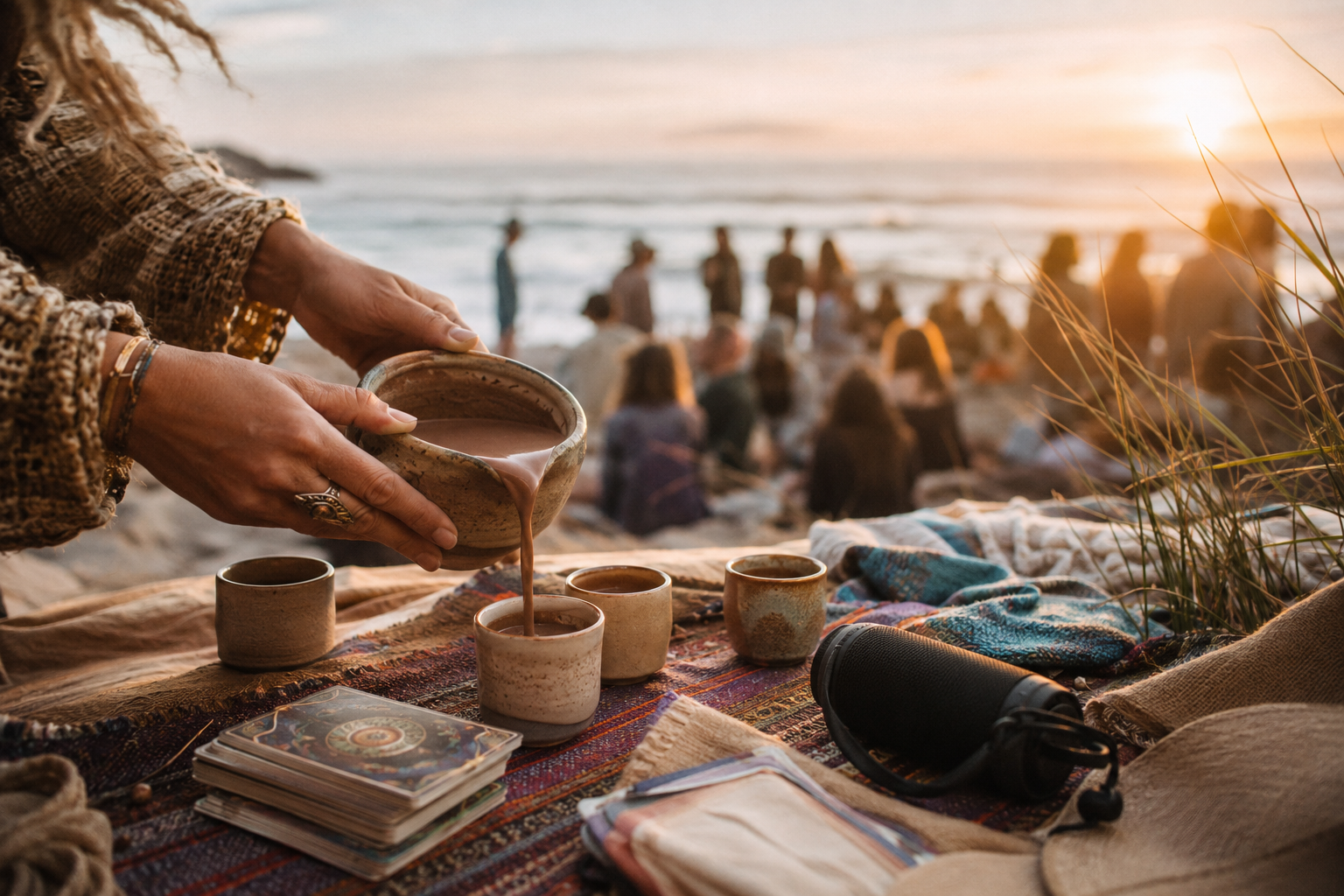 Pouring cacao during a cacao ceremony at one of our gatherings